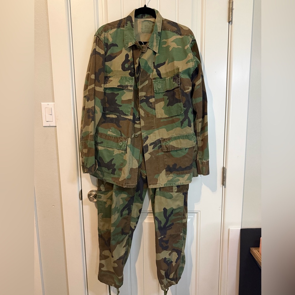 Vintage Woodland Army Camo Military Field Jacket and Pants Set